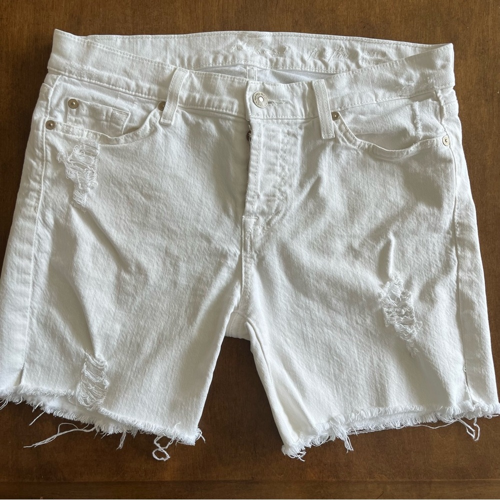 7 For All Mankind Mid Rise White Raw Hem 6” Denim Shorts Boho Women's 28